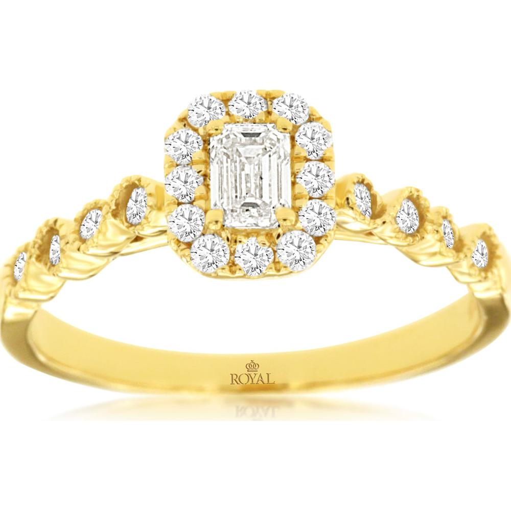 14K Yellow Gold Engagement Ring with Emerald-Cut Center Diamond and Round Diamond Halo - 0.50 Carat Diamond Weight - Royal Jewelry
