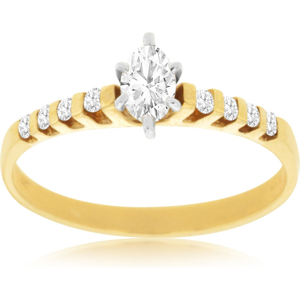 14K Yellow Gold Engagement Ring with Marquise Cut Center Diamond and Round Side Diamonds - 0.35 Carat Total Diamond Weight - Royal Jewelry