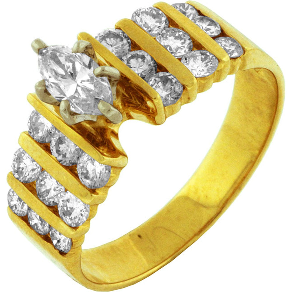 14K Yellow Gold Engagement Ring with Marquise-Cut Center Diamond and Three-Row Round Diamond Accents - 1.40 Carat Total Diamond Weight - Royal Jewelry