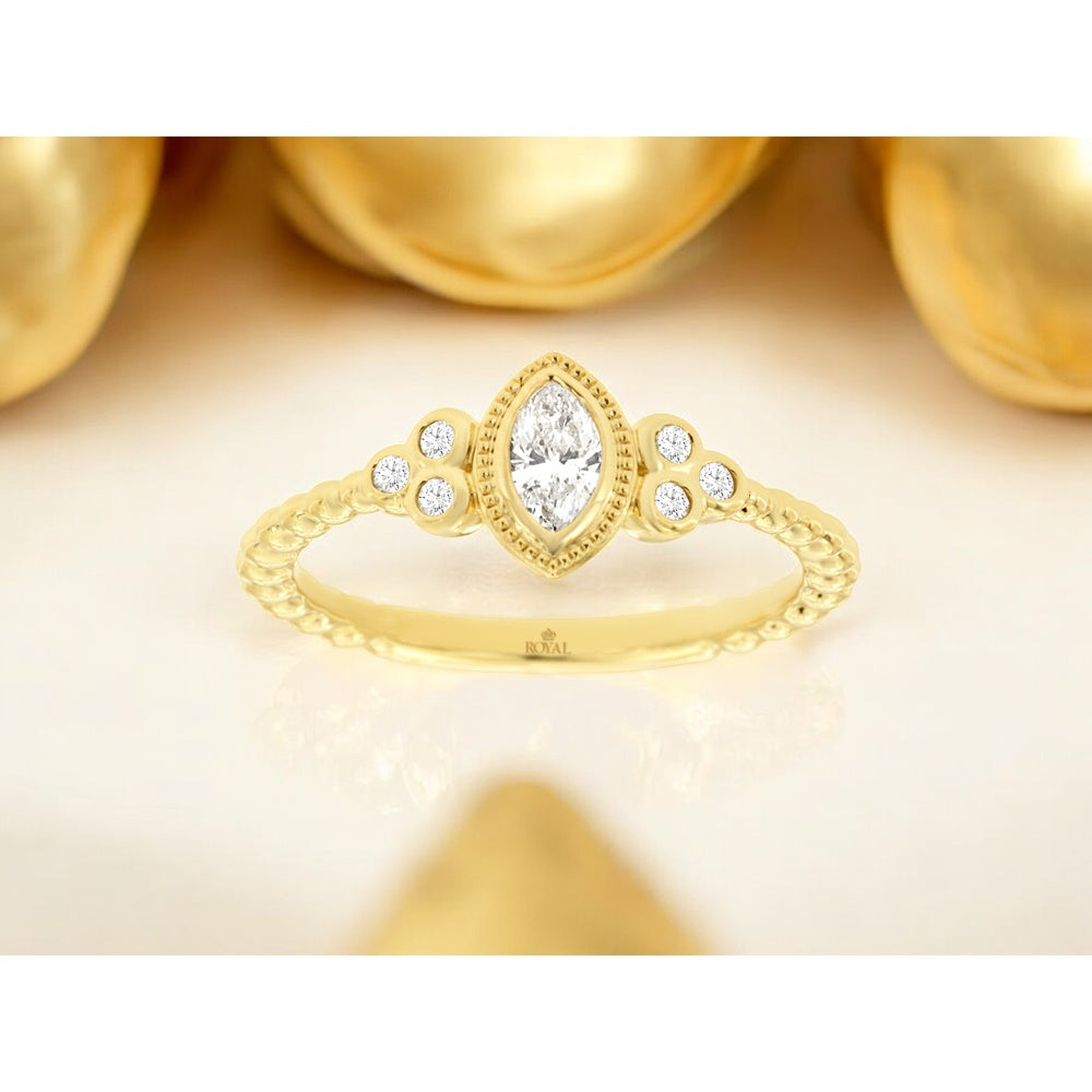 14K Yellow Gold Engagement Ring with Milgrain-Trimmed Marquise Diamond and Bezel-Set Accents - 0.26 Carat Total Diamond Weight - Royal Jewelry