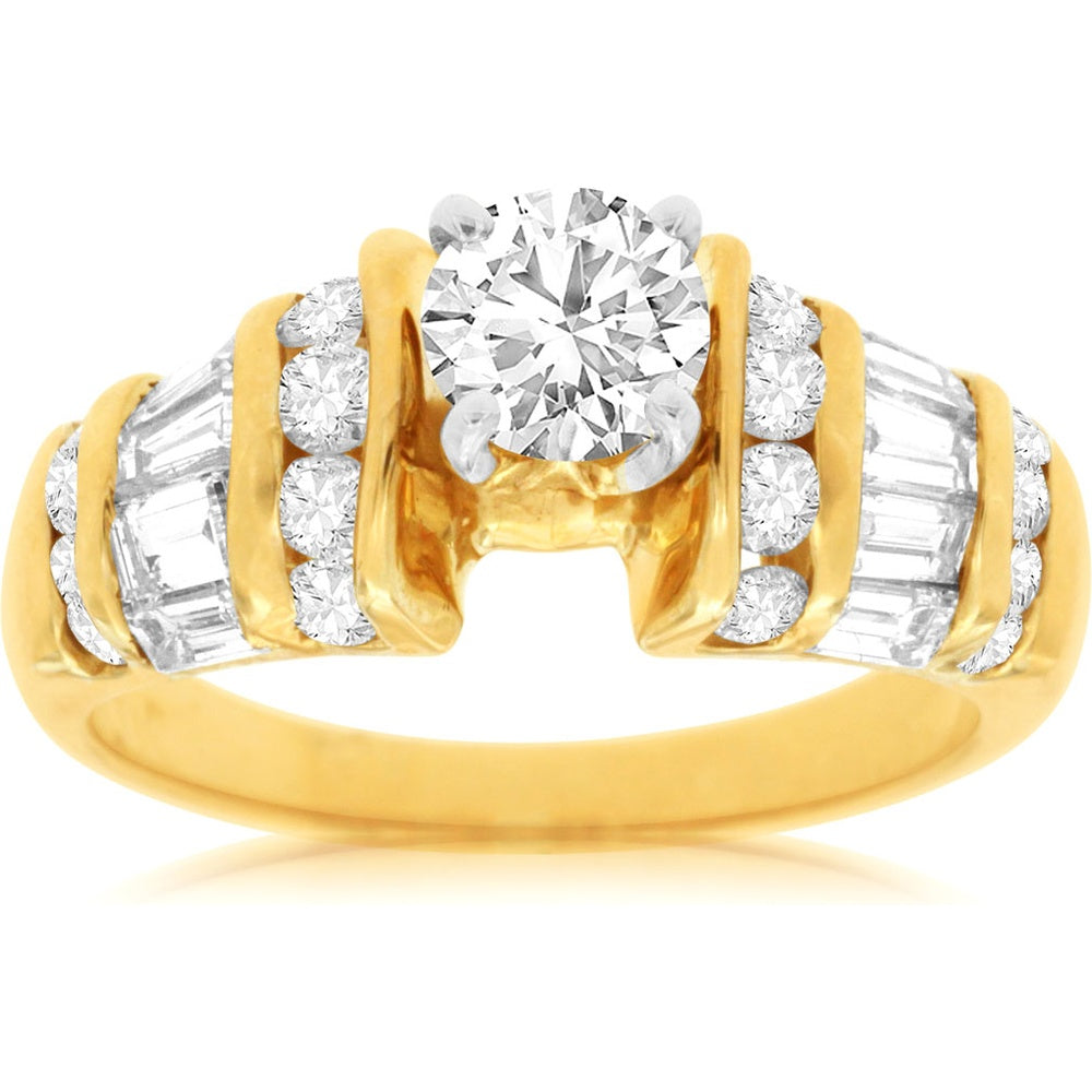 14K Yellow Gold Engagement Ring with Round Brilliant Center Diamond and Channel-Set Baguette Accents - 2.29 Carat Total Diamond Weight - Royal Jewelry