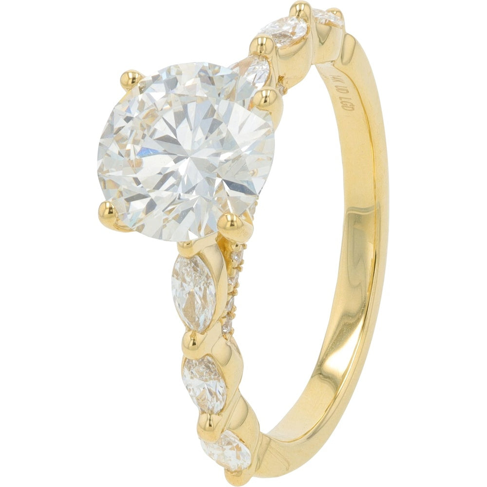 14K Yellow Gold Engagement Ring with Round Lab Grown Diamond Center and Marquise Side Stones - 2.37 Carat Total Diamond Weight