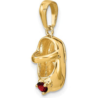 14K Yellow Gold Engravable Baby Shoe Charm with Synthetic Red Birthstone - 2.75mm Round Stone by Oro Pregiato