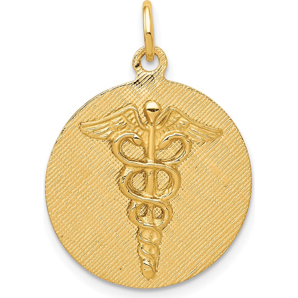 14K Yellow Gold Engravable Caduceus Disc Charm - Polished Finish