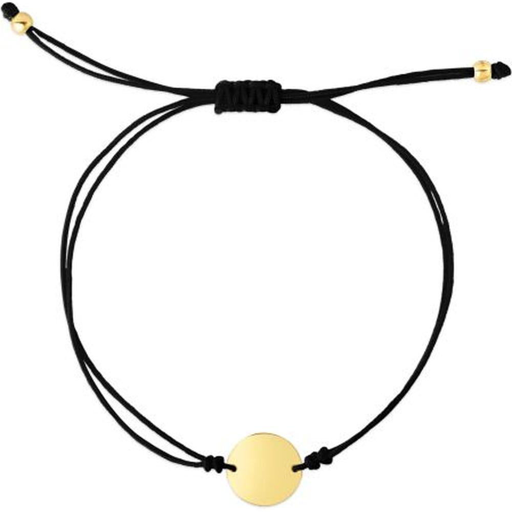 14K Yellow Gold Engravable Circle Black Cord Friendship Bracelet - 9.25" Adjustable by Orozza Fine Jewelry