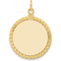 14K Yellow Gold Engravable Disc Pendant with Rope Edge Charm - Polished Finish by Oro Pregiato