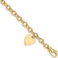 14K Yellow Gold Engravable Heart Charm 7.5" Link Bracelet with Lobster Clasp by Oro Pregiato