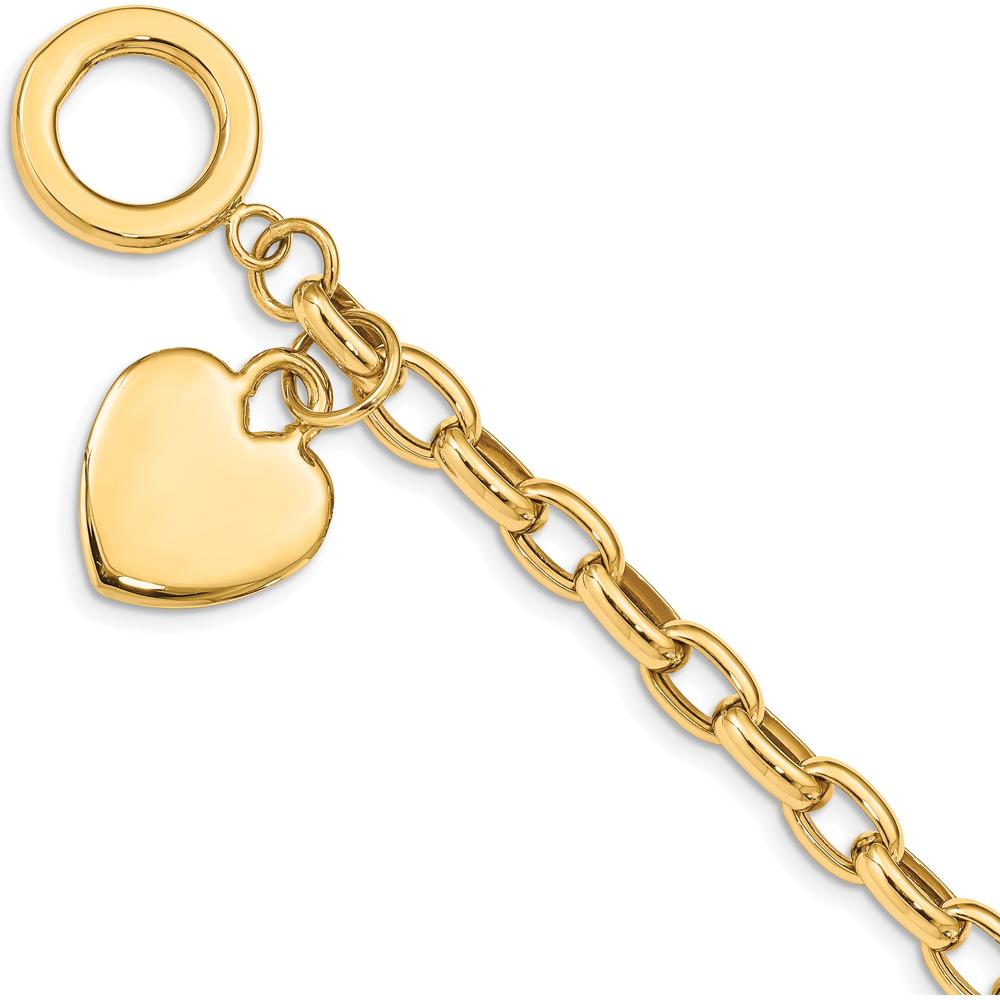 14K Yellow Gold Engravable Heart Charm and Hollow Chain Toggle Bracelet - 7.5" Length by 0