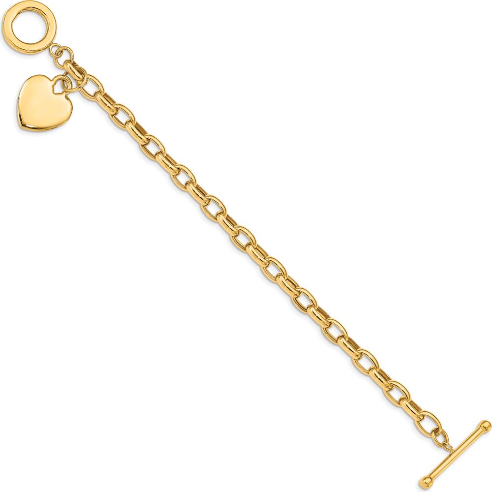 14K Yellow Gold Engravable Heart Charm and Hollow Chain Toggle Bracelet - 7.5" Length by 0