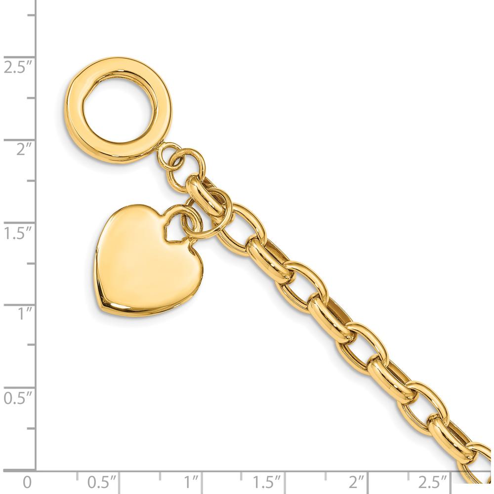 14K Yellow Gold Engravable Heart Charm and Hollow Chain Toggle Bracelet - 7.5" Length by 0