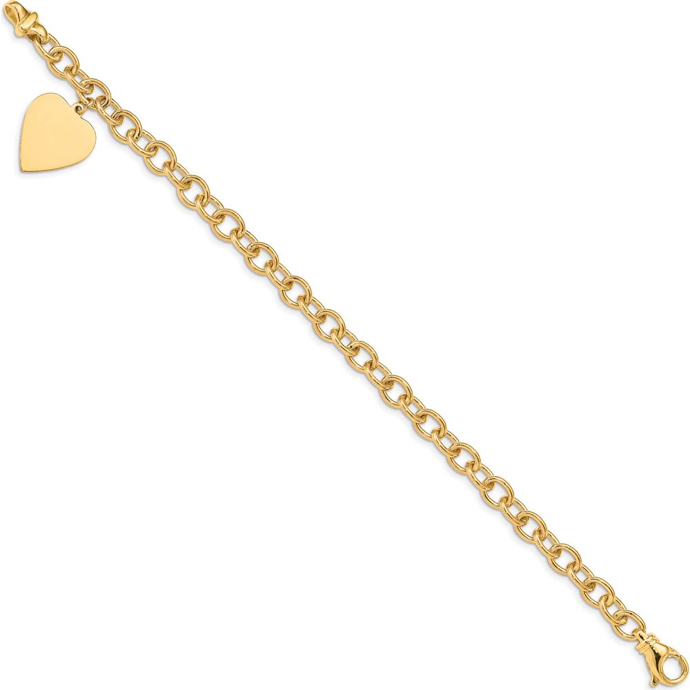 14K Yellow Gold Engravable Heart Charm and Solid Link Bracelet - 7.5" Length by Oro Pregiato