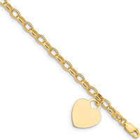 14K Yellow Gold Engravable Heart Charm Bracelet with Hollow Chain - 7.5 inches by 0