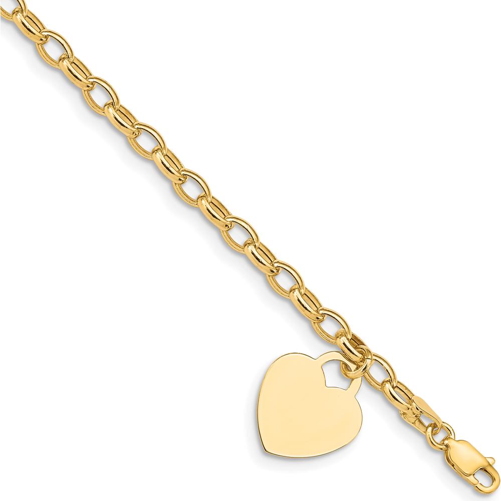 14K Yellow Gold Engravable Heart Charm Bracelet with Hollow Chain - 7.5 inches by 0