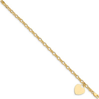 14K Yellow Gold Engravable Heart Charm Bracelet with Hollow Chain - 7.5 inches by 0