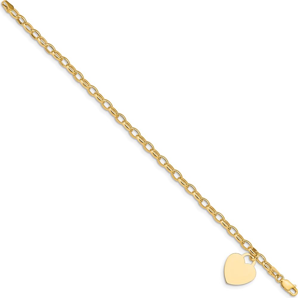 14K Yellow Gold Engravable Heart Charm Bracelet with Hollow Chain - 7.5 inches by 0