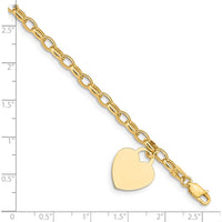 14K Yellow Gold Engravable Heart Charm Bracelet with Hollow Chain - 7.5 inches by 0