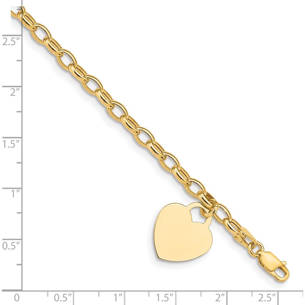 14K Yellow Gold Engravable Heart Charm Bracelet with Hollow Chain - 7.5 inches by 0