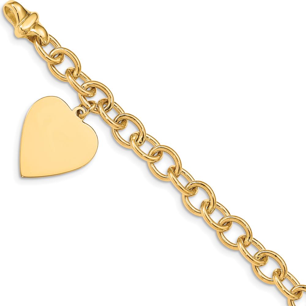 14K Yellow Gold Engravable Heart Charm Bracelet with Polished Link Chain - 8.5" Length by Oro Pregiato