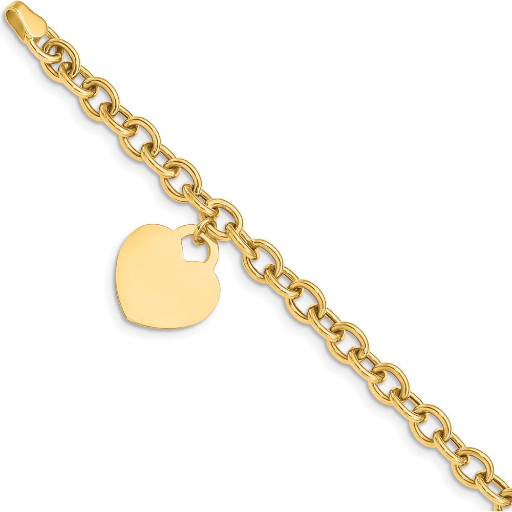 14K Yellow Gold Engravable Heart Charm Dangle Bracelet with Hollow Chain - 7.25" by 0