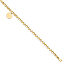 14K Yellow Gold Engravable Heart Charm Dangle Bracelet with Hollow Chain - 7.25" by 0