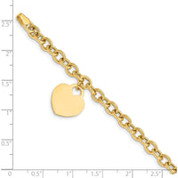 14K Yellow Gold Engravable Heart Charm Dangle Bracelet with Hollow Chain - 7.25" by 0