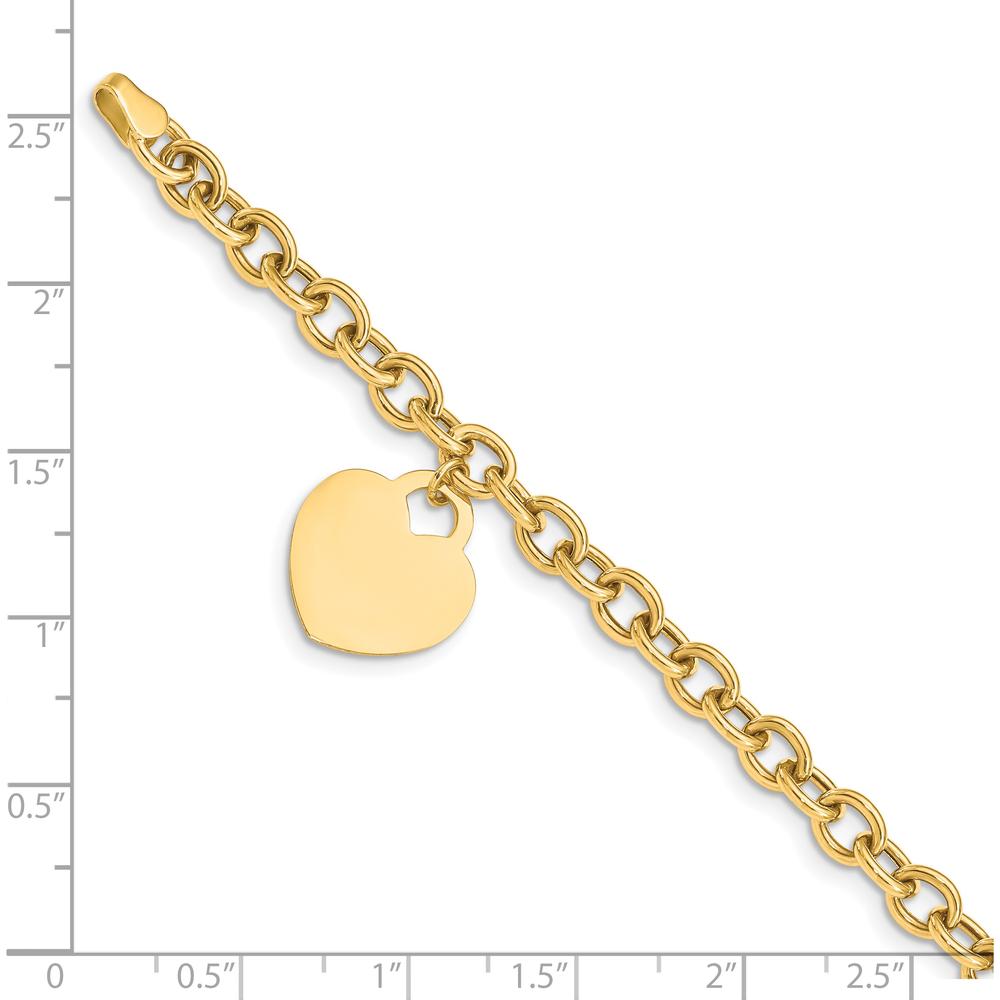 14K Yellow Gold Engravable Heart Charm Dangle Bracelet with Hollow Chain - 7.25" by 0