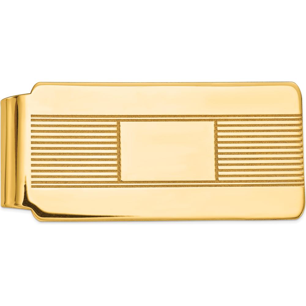 14K Yellow Gold Engravable Men's Money Clip with Grooved Detailing and Polished Finish by Oro Pregiato