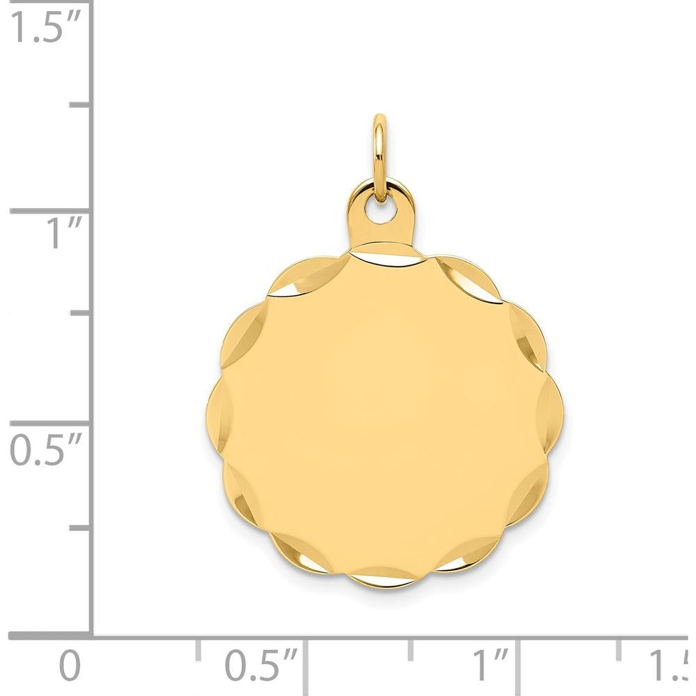 14K Yellow Gold Engravable Scalloped Disc Charm with Polished Finish and Diamond-Cut Texture by Oro Pregiato