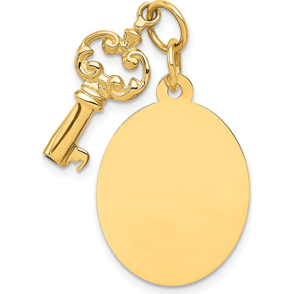 14K Yellow Gold Engraveable Disc and Key Charm Pendant - Polished Finish