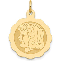 14K Yellow Gold Engraved Girl Head Scalloped Disc Charm - 0.013 Gauge 18mm by Oro Pregiato