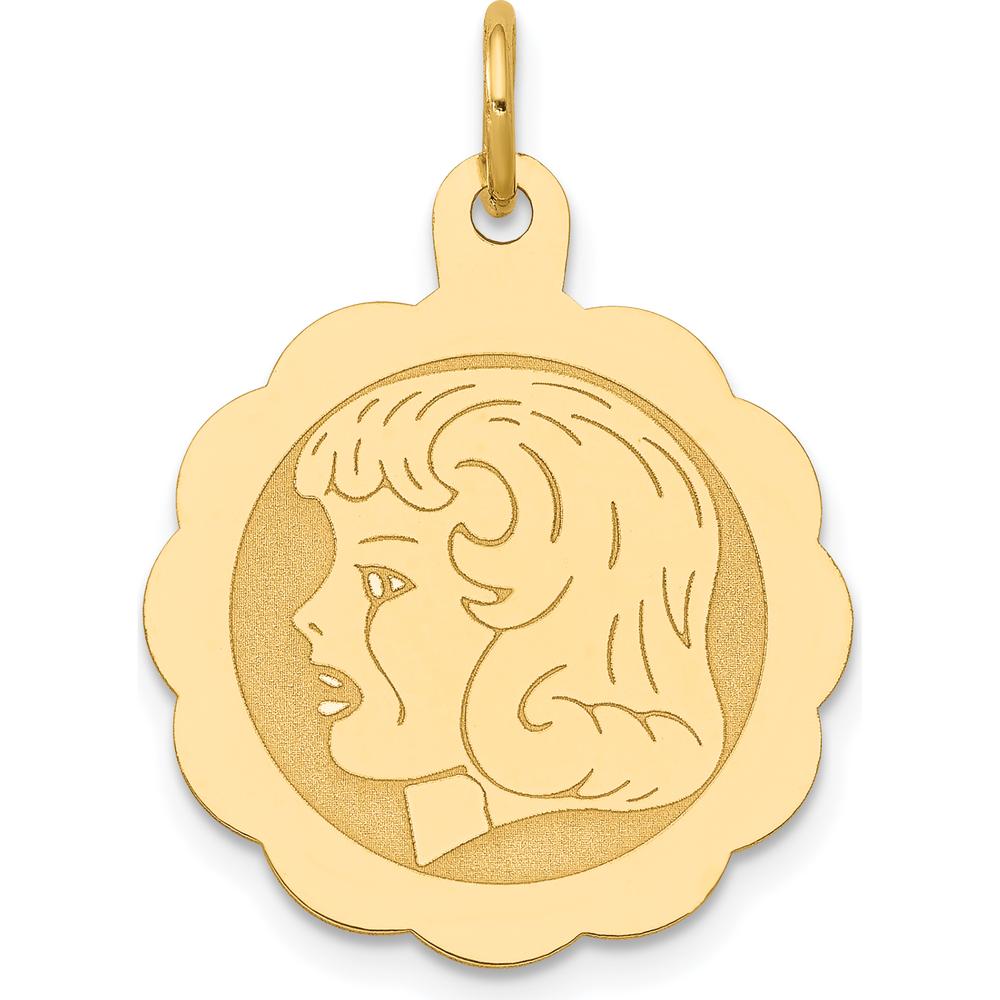 14K Yellow Gold Engraved Girl Head Scalloped Disc Charm - 0.013 Gauge 18mm by Oro Pregiato