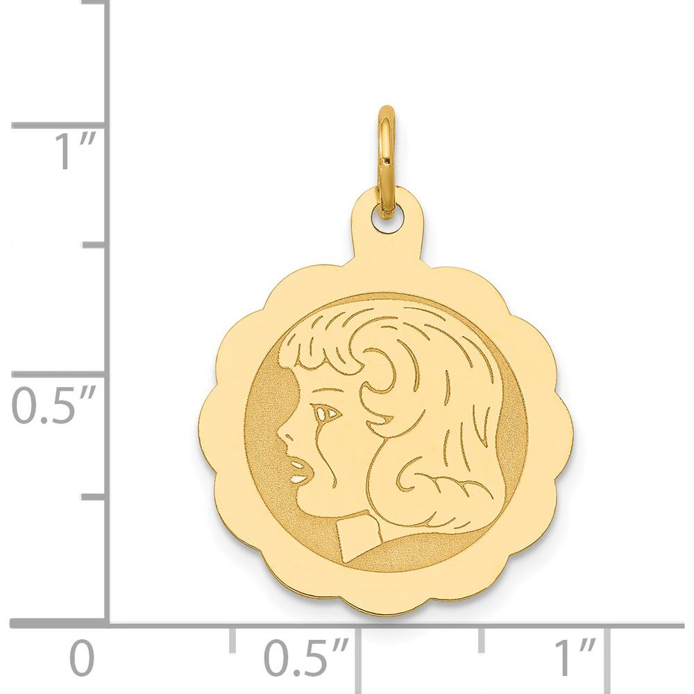 14K Yellow Gold Engraved Girl Head Scalloped Disc Charm - 0.013 Gauge 18mm by Oro Pregiato