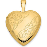 14K Yellow Gold Engraved Heart Locket with Polished Finish and Hinged Opening - Holds Two 9.25x9mm Heart Shaped Photos by Monteluci Fine Jewelry