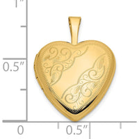14K Yellow Gold Engraved Heart Locket with Polished Finish and Hinged Opening - Holds Two 9.25x9mm Heart Shaped Photos by Monteluci Fine Jewelry