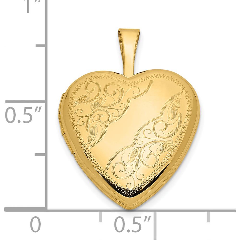 14K Yellow Gold Engraved Heart Locket with Polished Finish and Hinged Opening - Holds Two 9.25x9mm Heart Shaped Photos by Monteluci Fine Jewelry