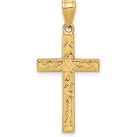 14K Yellow Gold Etched Floral Cross Pendant - 28mm Length by Oro Pregiato