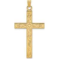 14K Yellow Gold Etched Floral Cross Pendant with Polished Finish - 49mm Length by Oro Pregiato