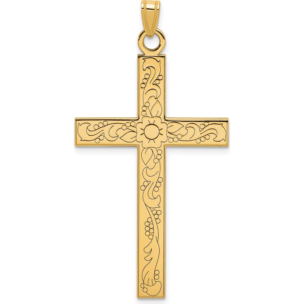 14K Yellow Gold Etched Floral Cross Pendant with Polished Finish - 49mm Length by Oro Pregiato