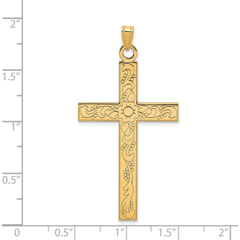 14K Yellow Gold Etched Floral Cross Pendant with Polished Finish - 49mm Length by Oro Pregiato