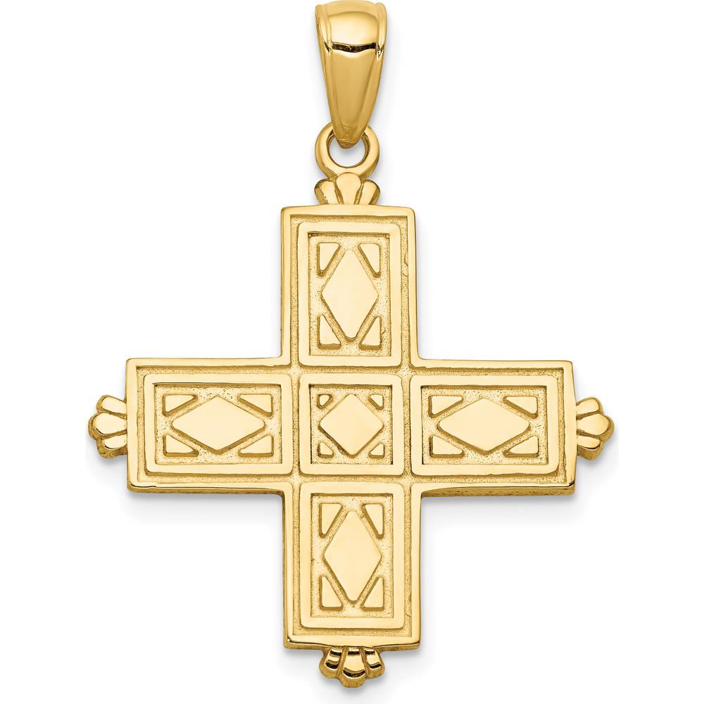 14K Yellow Gold Etched Square Cross Pendant with Reversible Floral Design by Oro Pregiato