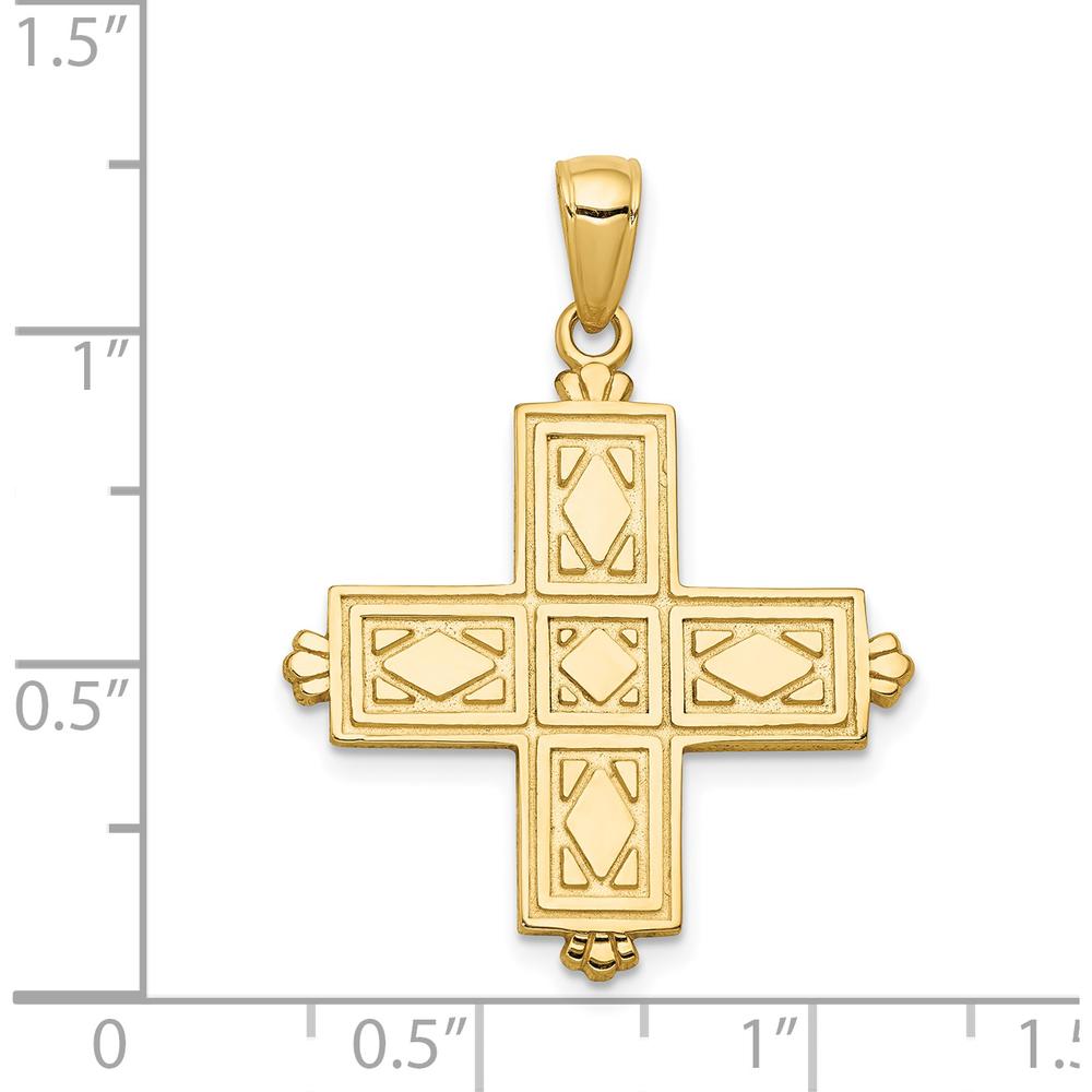 14K Yellow Gold Etched Square Cross Pendant with Reversible Floral Design by Oro Pregiato