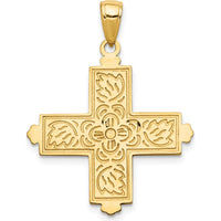 14K Yellow Gold Etched Square Cross Pendant with Reversible Floral Design by Oro Pregiato