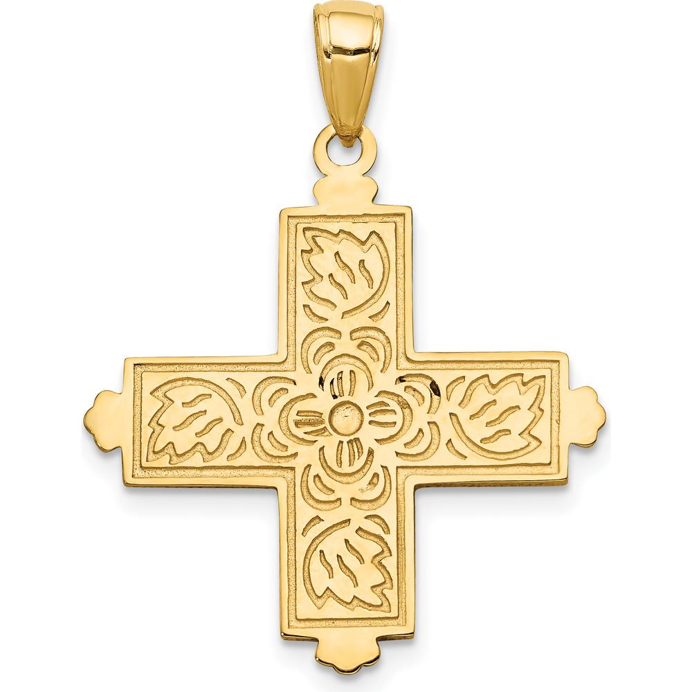 14K Yellow Gold Etched Square Cross Pendant with Reversible Floral Design by Oro Pregiato
