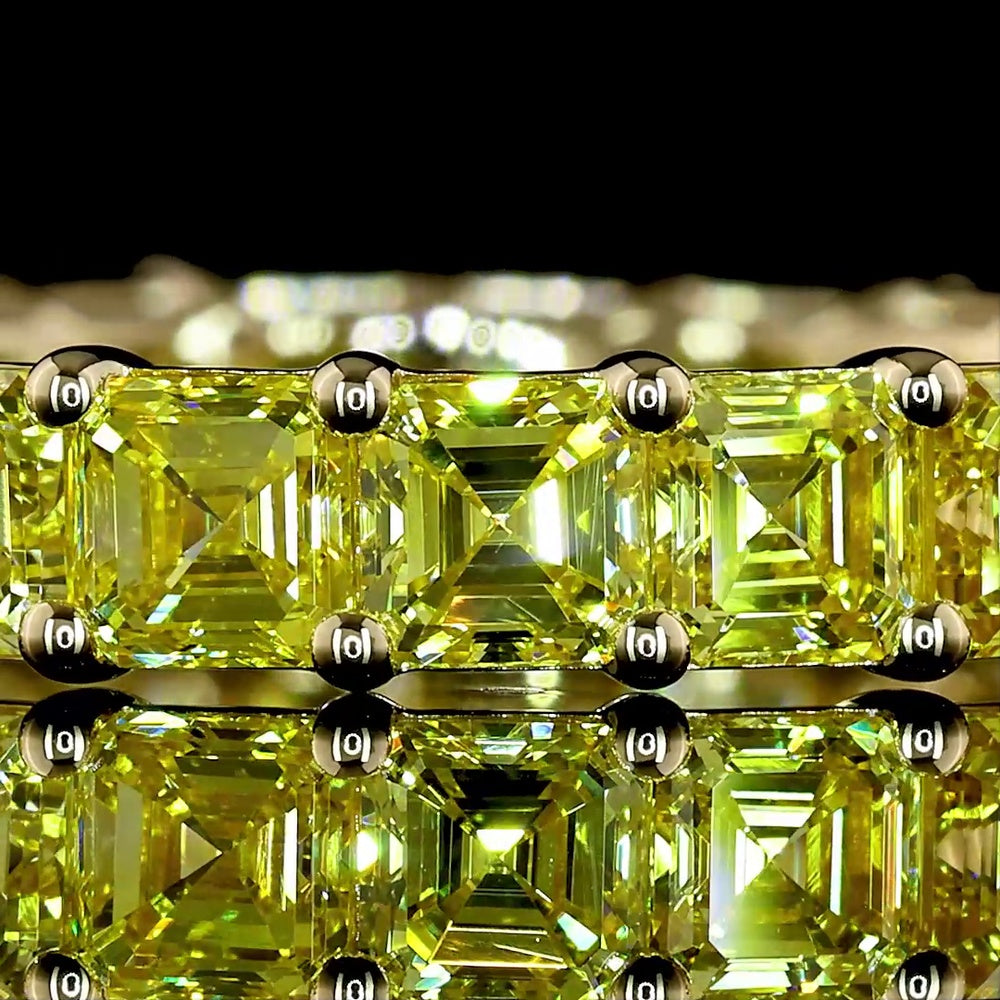 14K Yellow Gold Eternity Band with 21 Prong-Set Asscher Cut Fancy Vivid Yellow Lab Diamonds - 3.70 Carat Total Weight - Covaloro Fine Jewelry