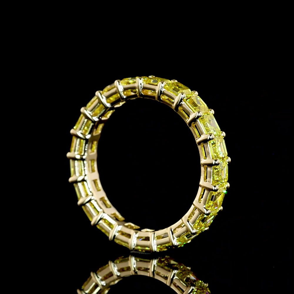 14K Yellow Gold Eternity Band with 21 Prong-Set Asscher Cut Fancy Vivid Yellow Lab Diamonds - 3.70 Carat Total Weight - Covaloro Fine Jewelry