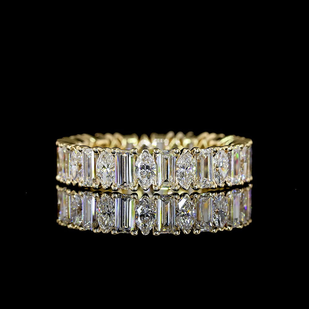 14K Yellow Gold Eternity Band with Alternating Baguette and Marquise Cut Lab Diamonds - 2.6 Carats Total Diamond Weight - Covaloro Fine Jewelry