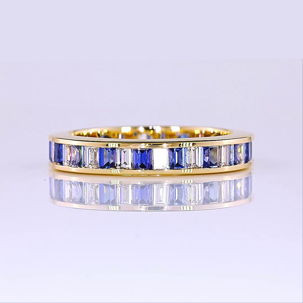 14K Yellow Gold Eternity Band with Alternating Baguette Lab Blue Gemstones and Baguette Diamonds - 0.90 Carat Total Weight - Covaloro Fine Jewelry