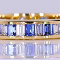 14K Yellow Gold Eternity Band with Alternating Baguette Lab Blue Gemstones and Baguette Diamonds - 0.90 Carat Total Weight - Covaloro Fine Jewelry