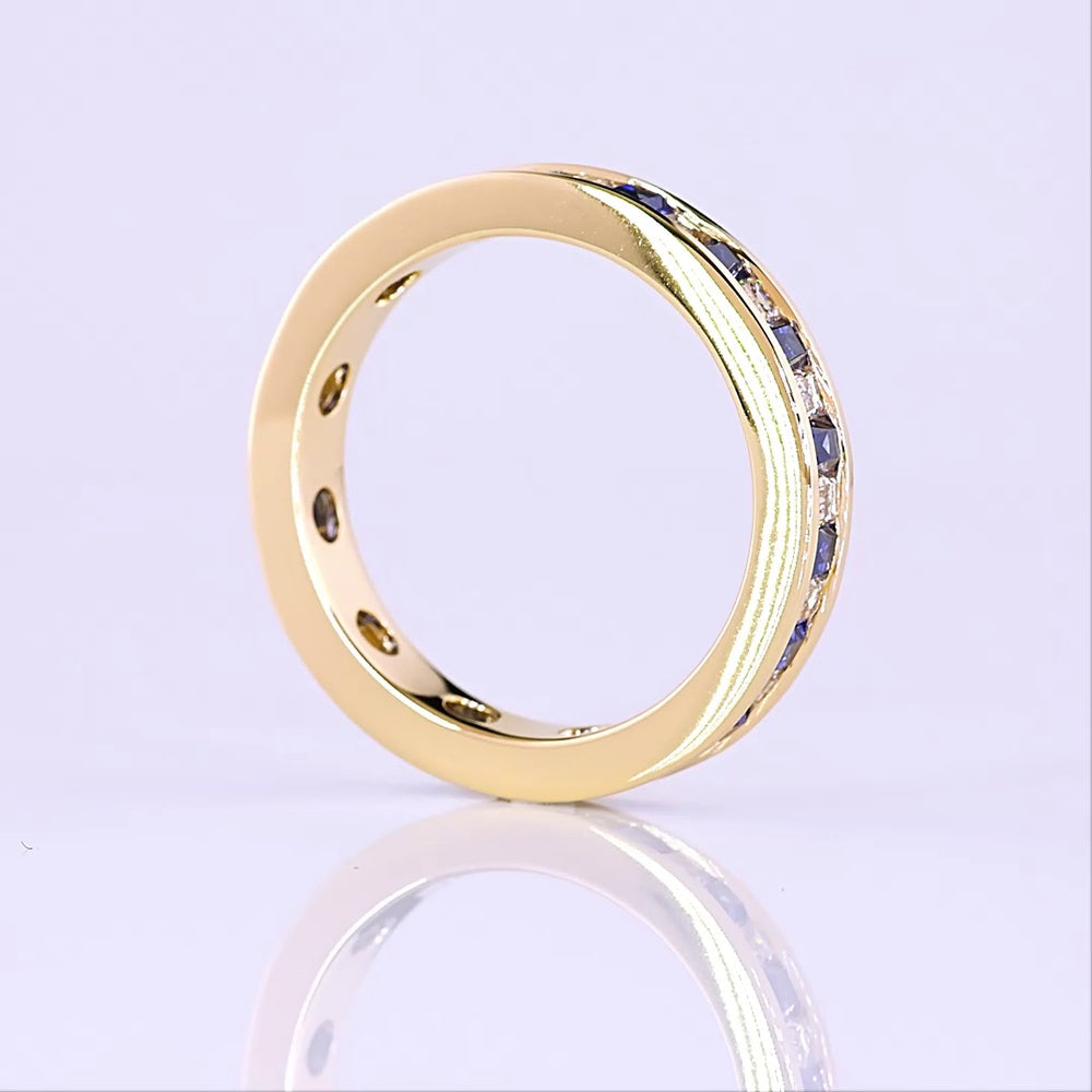 14K Yellow Gold Eternity Band with Alternating Baguette Lab Blue Gemstones and Baguette Diamonds - 0.90 Carat Total Weight - Covaloro Fine Jewelry