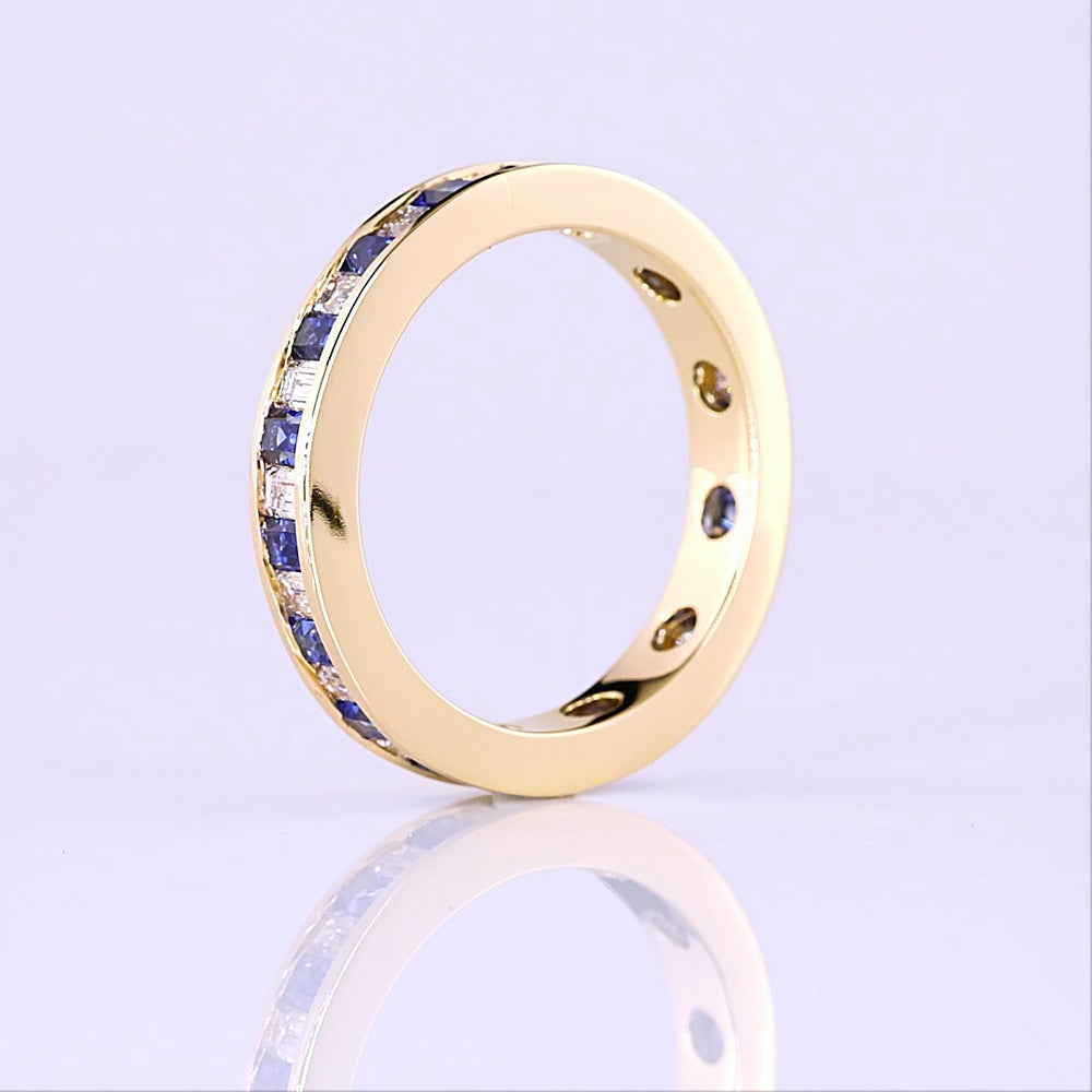 14K Yellow Gold Eternity Band with Alternating Baguette Lab Blue Gemstones and Baguette Diamonds - 0.90 Carat Total Weight - Covaloro Fine Jewelry